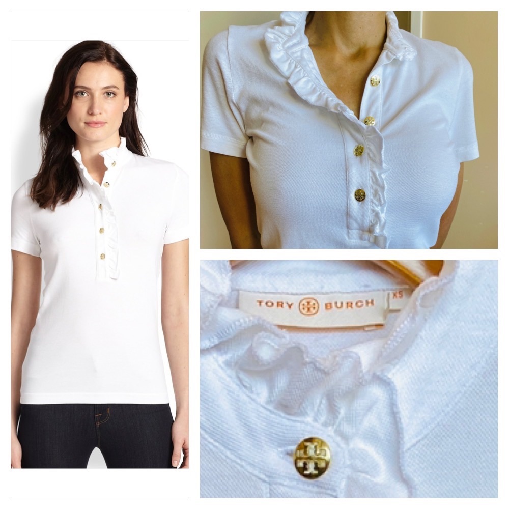 Tory Burch XS white ruffle trim polo top with gold logo buttons.